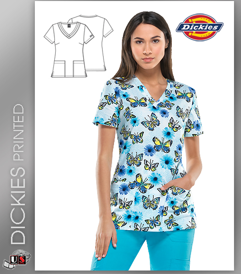 Dickies EDS Women's V-Neck Catching Butterflies Print Scrub Top - Click Image to Close