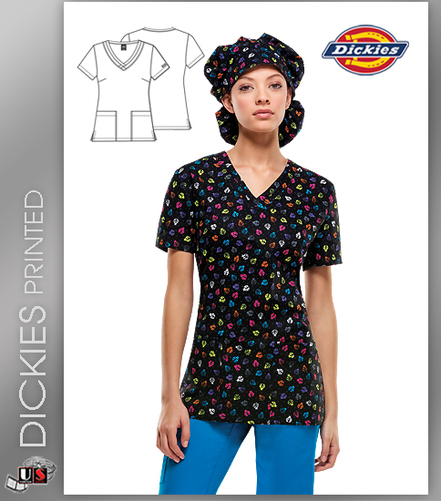 Dickies EDS Women's V-Neck Hello Little Lady Print Scrub Top - Click Image to Close