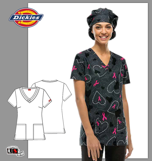Dickies Breast Cancer Printed I Care a Dot V-Neck Top - Click Image to Close