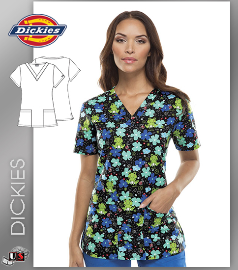 Dickies EDS Printed Froggy Floral V-Neck Top - Click Image to Close