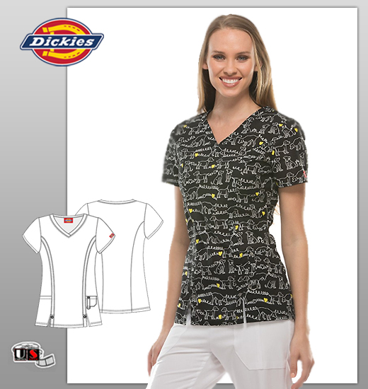 Dickies Xtreme Stretch Printed Doodle Dogs V-Neck Top - Click Image to Close