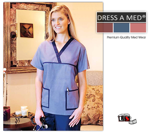 Dress A Med Solid Premium V- Neck Nursing Scrub Top - Denim - Click Image to Close