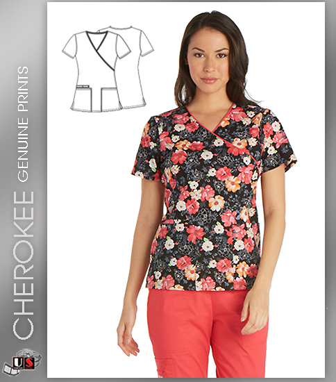 Cherokee Printed Women's MockWrap Short Sleeve Top in Fleur-ever - Click Image to Close