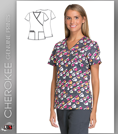 Cherokee Printed Got The Hearts For U Mock Wrap Short Sleeve Top - Click Image to Close