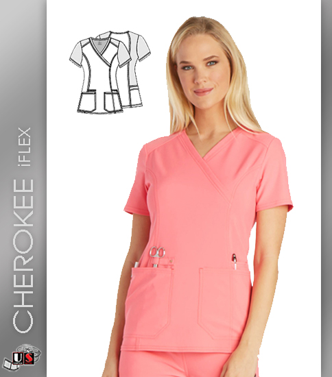 Cherokee iflex Women's V-Neck Short Sleeve Mock Wrap Knit Panel - Click Image to Close