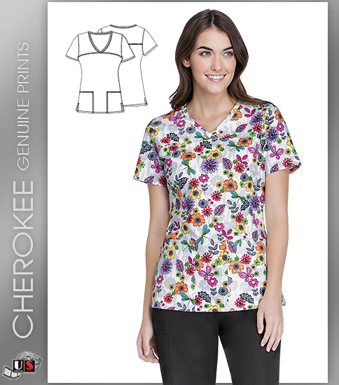 Cherokee Float Away Flowers Print V-Neck Scrub Tops - Click Image to Close