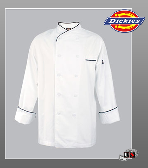 Dickies Chef Egyptian Cotton Chef White coat with Black Piping - Click Image to Close