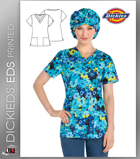 Dickies EDS A Dime A Daisy Print Women's V-Neck Scrub Top - Click Image to Close