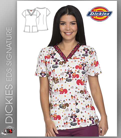 Dickies EDS Thankful Forest Friends Prints V-Neck Top - Click Image to Close