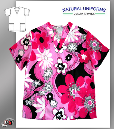 Natural Uniforms V-Neck Scrub Top - Flowers - Click Image to Close