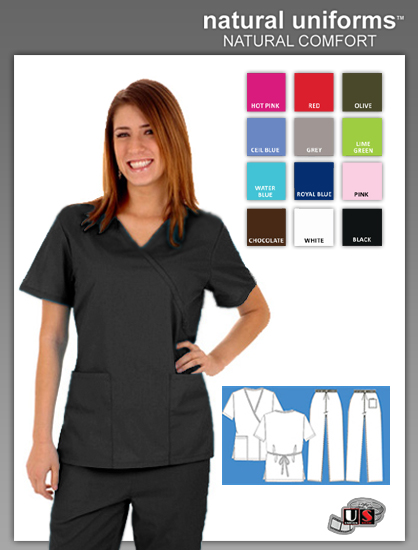 Natural Uniforms 2 Pocket Mock Wrap Scrub Top - Black - Click Image to Close