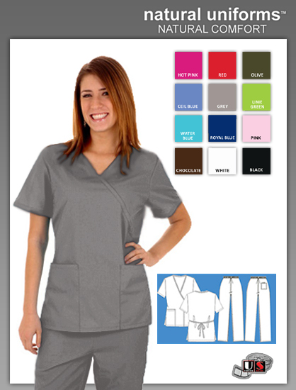 Natural Uniforms 2 Pocket Mock Wrap Scrub Top - Grey - Click Image to Close