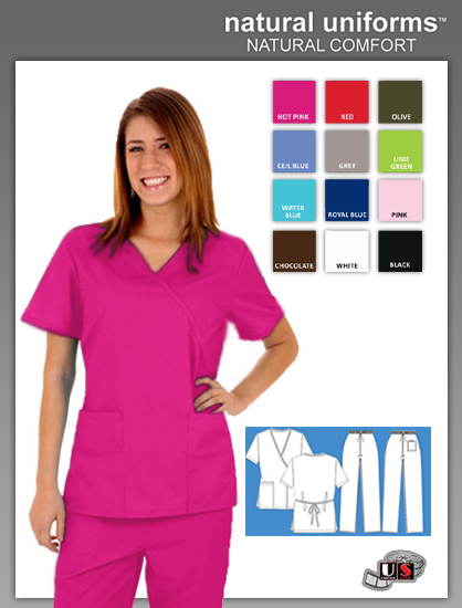 Natural Uniforms 2 Pocket Mock Wrap Scrub Top - Hot Pink - Click Image to Close