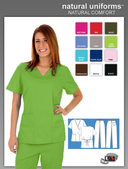 Natural Uniforms 2 Pocket Solid Mock Wrap Scrub Top - Lime Green - Click Image to Close