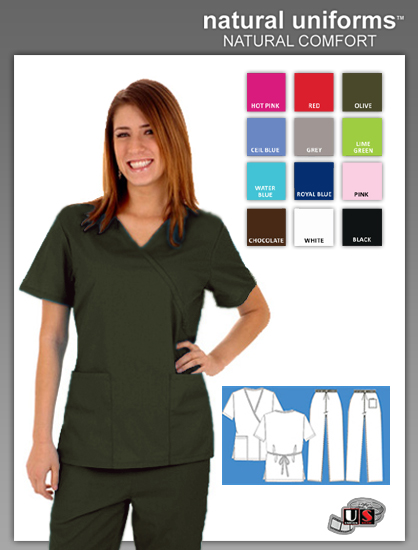 Natural Uniforms 2 Pocket Solid Mock Wrap Scrub Top - Olive - Click Image to Close