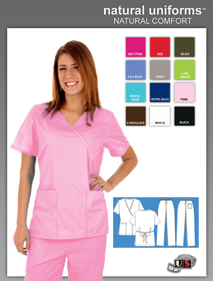 Natural Uniforms 2 Pocket Solid Mock Wrap Scrub Top - Pink - Click Image to Close