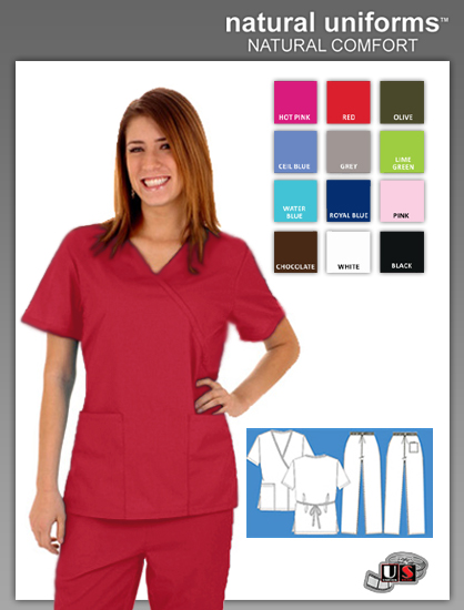 Natural Uniforms 2 Pocket Solid Mock Wrap Scrub Top - Red - Click Image to Close