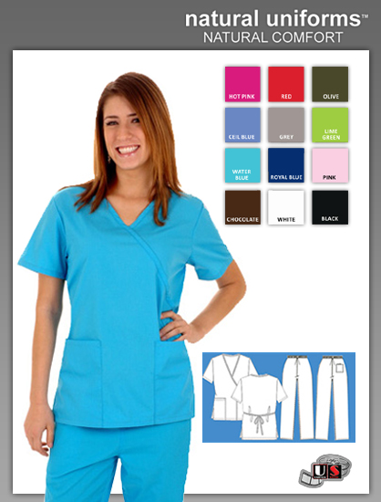 Natural Uniforms 2 Pocket Solid Mock Wrap Scrub Top - Water Blue - Click Image to Close