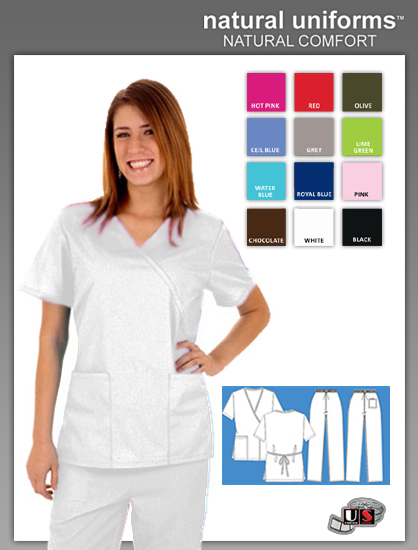 Natural Uniforms 2 Pocket Mock Wrap Scrub Top - White - Click Image to Close