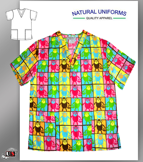 Natural Uniforms V-Neck Scrub Top - Monkey - Click Image to Close