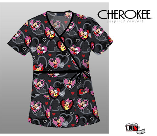 Disney Cherokee Mock Wrap Scrub Top - Mickey Valentines Party - Click Image to Close