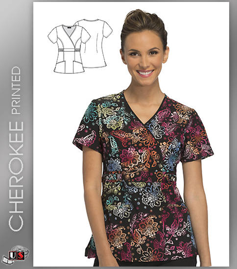 Cherokee Printed End Of The Rainbow Women's Mock Wrap Top - Click Image to Close