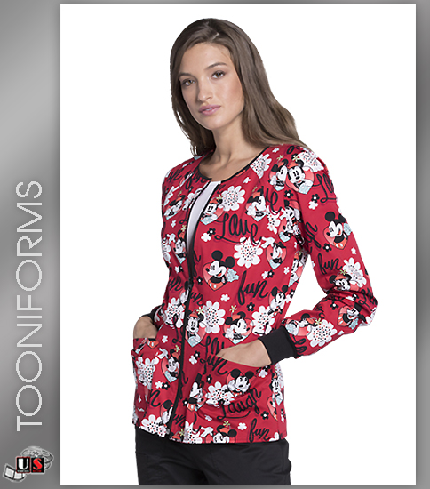 Cherokee Tooniforms Women's Zip Front Warm-Up Mickey Mouse Print - Click Image to Close