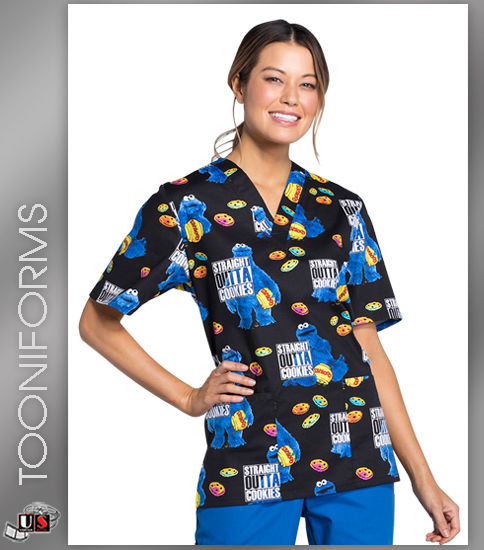 Cherokee Tooniforms Outta Cookies Print Unisex V-Neck Scrub Top - Click Image to Close