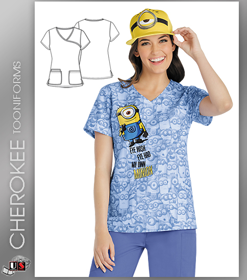 Cherokee Tooniforms Women's Mock Wrap Top in My Own Minion - Click Image to Close