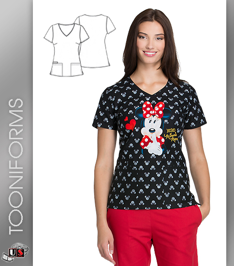 Cherokee Tooniforms Minnie XOXO V-Neck Scrub Top - Click Image to Close