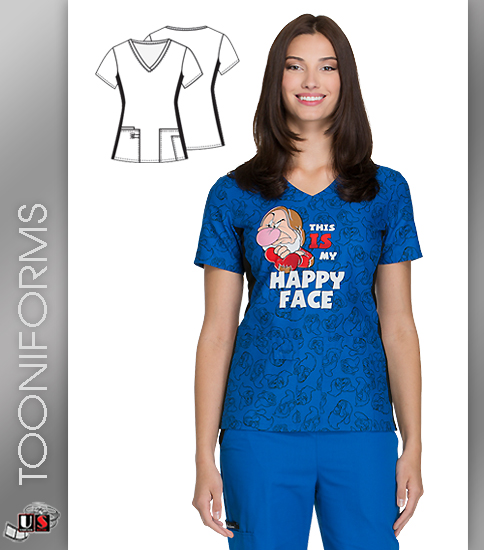 Cherokee Tooniforms Happy Face Womens Print V-Neck Top - Click Image to Close