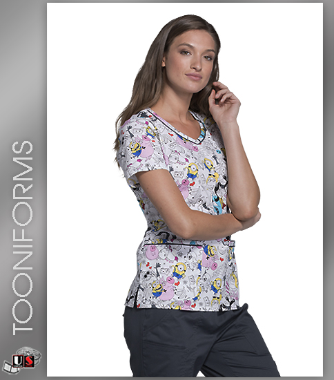 Cherokee Tooniforms Doodle Family Women's V-Neck Short Sleeves - Click Image to Close