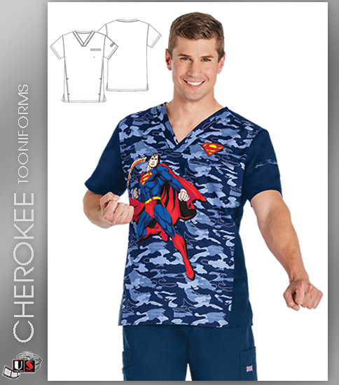 Cherokee Tooniforms Men's V-Neck Top in Save The Day - Click Image to Close