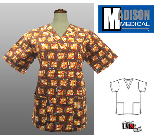 Madison Medical Printed V-Neck Scrub Top - Fall - Click Image to Close