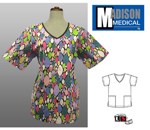 Madison Medical Printed V-Neck Scrub Top - Fan - Click Image to Close