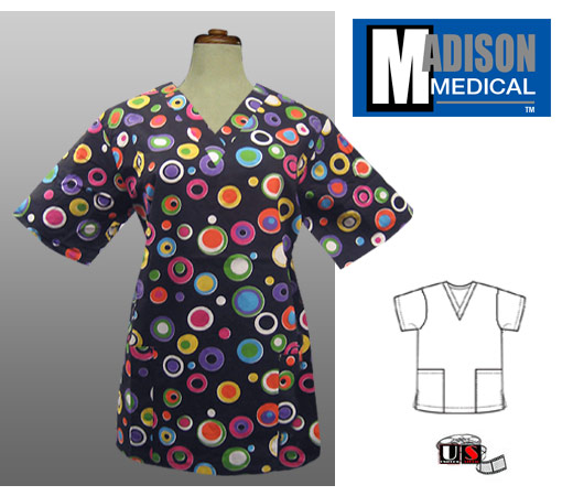 Madison Medical Printed V-Neck Scrub Top - Full Color - Click Image to Close