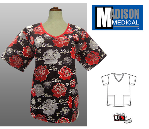 Madison Medical Printed V-Neck Scrub Top - Amor - Click Image to Close