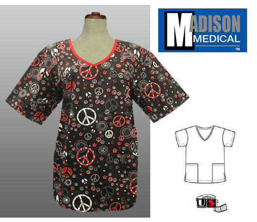 Madison Medical Printed V-Neck Scrub Top - Peace - Click Image to Close