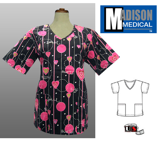Madison Medical Printed V-Neck Scrub Top - Sweet Heart - Click Image to Close