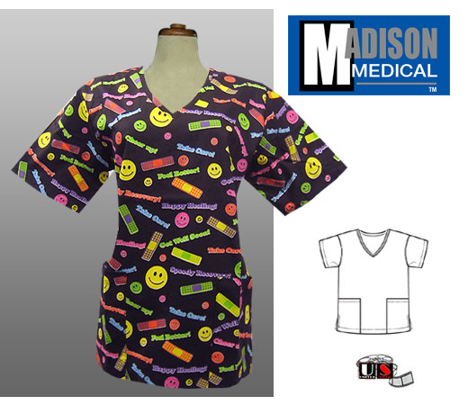 Madison Medical Printed V-Neck Scrub Top - Get Well - Click Image to Close
