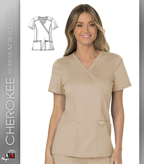 Cherokee WorkWear Revolution Mock Wrap Top Women's V-Neck Top - Click Image to Close